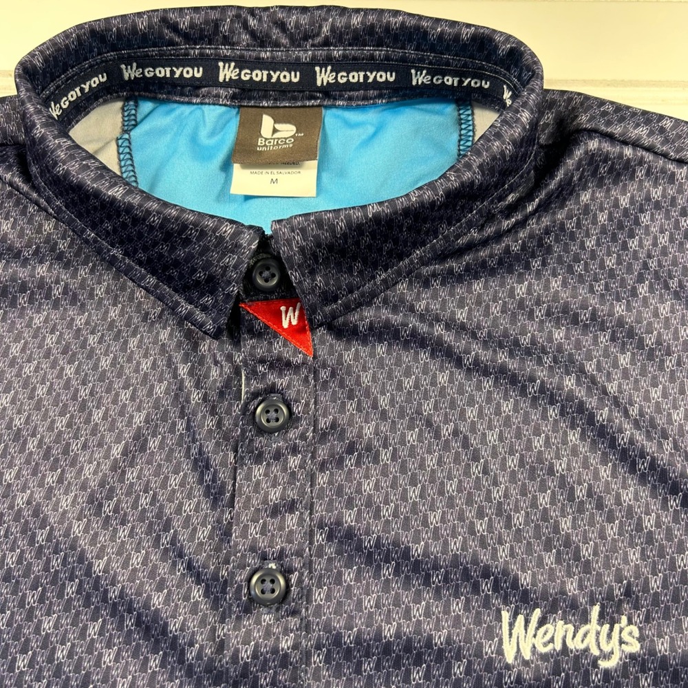 Barco Wendy's Uniform Polo Shirt Womens M Blue Short Sleeve "W" Monogram AOP